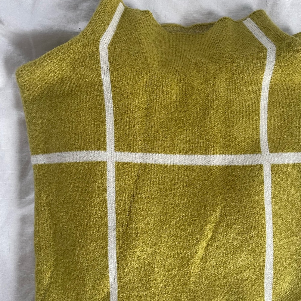 Bright Green White Windowpane Mock-neck Sweater